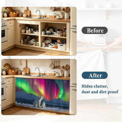 Bear Small Sink Skirt, Bathroom Vanity Cabinet Adhesive Curtain, Nature Pink Yellow Lights Night Sky Snowy Animals Utility Under Sink Cover Decorative Kitchen Cabinet Curtains 10"x11"