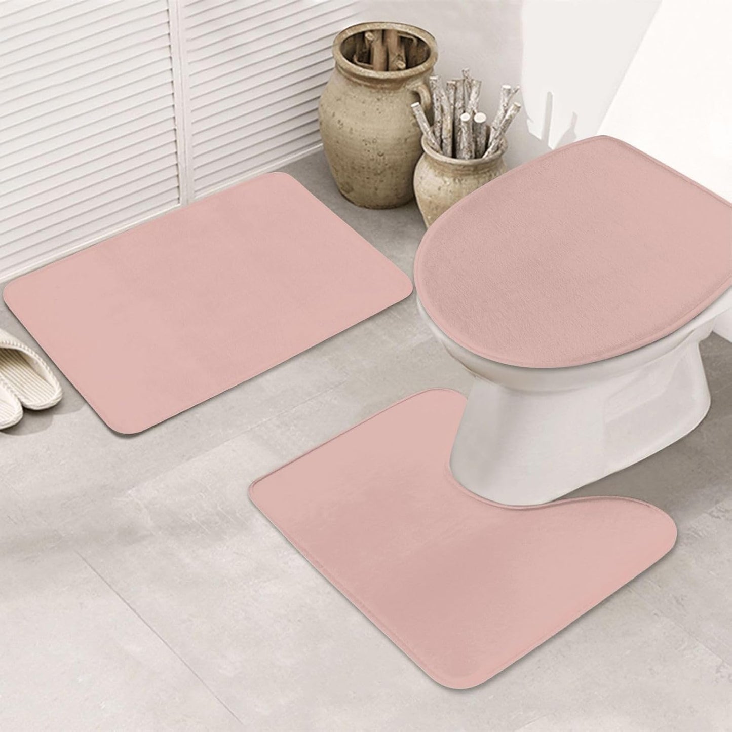 3 Pieces Bath Rug Set, Dusty Rose Pale Pink Solid Trend Color Bathroom Mat Set Non Slip & Absorbent Bath Carpet, U Shaped Contour Rug & Toilet Lid Cover