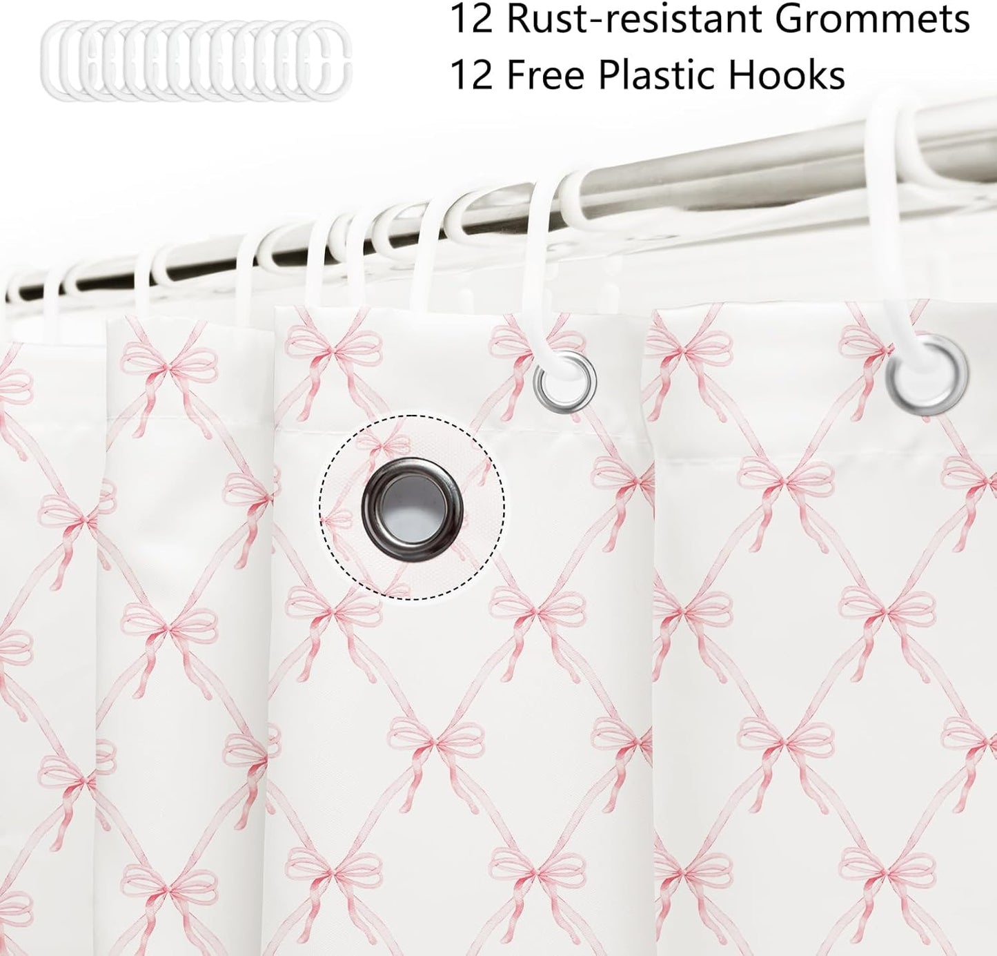 MEHOFOND Pink Bow Shower Curtain Bow Aesthetic Watercolor Shower Curtain Sets, Bath Curtain Polyester Fabric Waterproof Bathroom Accessory Set with 12 Hooks 72x72 inch