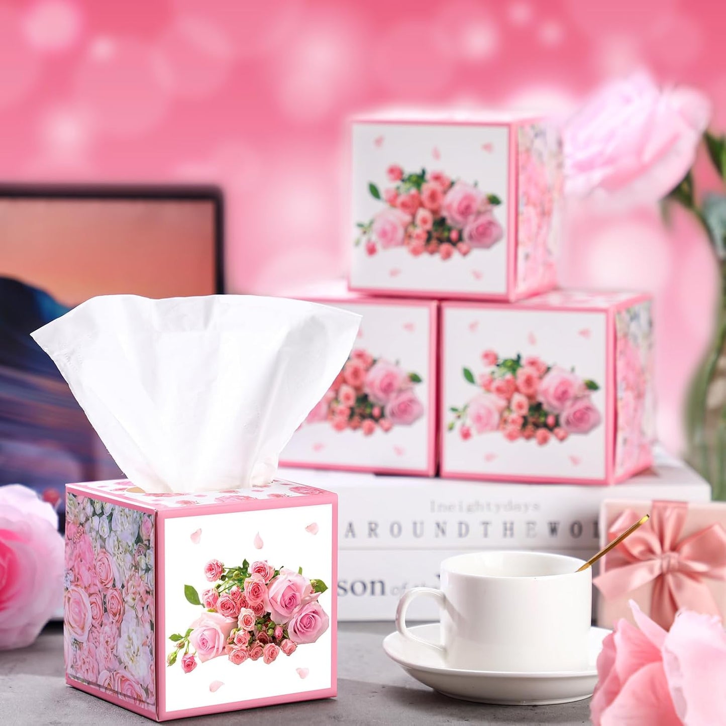 Fourluoo 12 Pack Summer Rose Floral Facial Tissues Cube Boxes 600 Sheets 3 Ply Pink Small Square Flower Face Tissues Bulk for Summer Car Bedroom Supplies