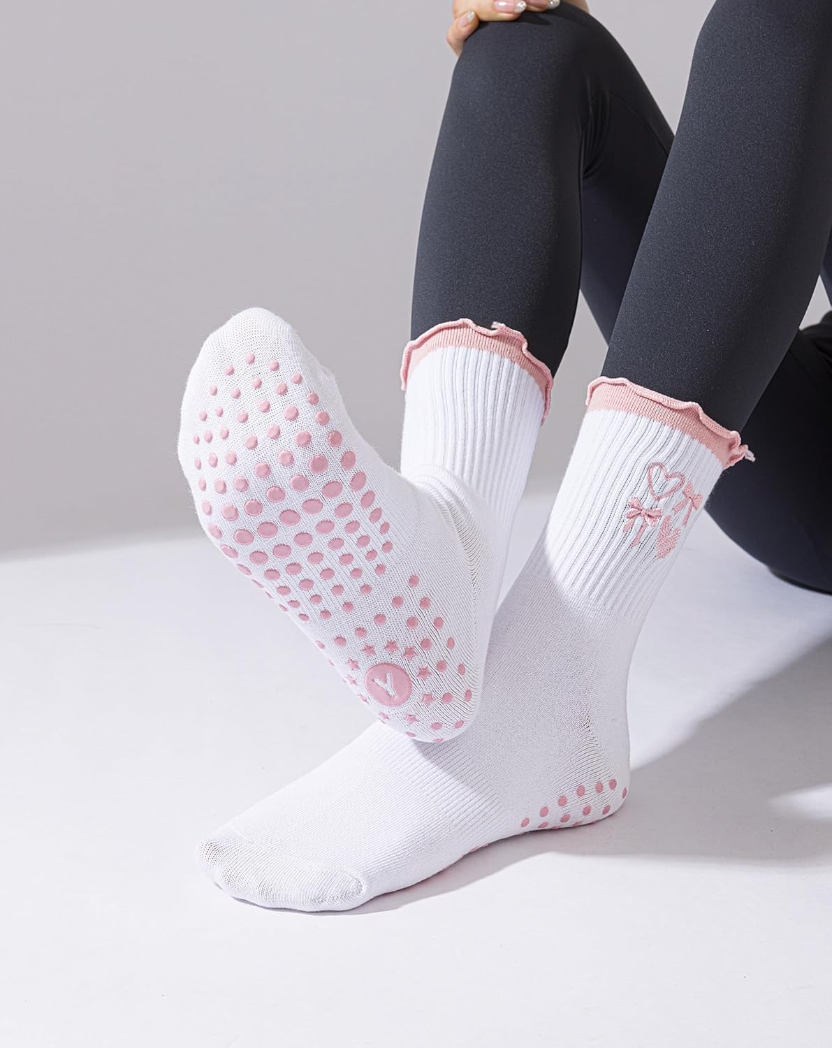 Yawlsow Cute Pilates Grip Socks for Women Ruffle Frilly Yoga Socks Non Slip Cotton Crew Grippy Sock for Barre Workout