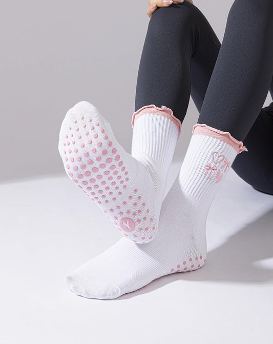 Yawlsow Cute Pilates Grip Socks for Women Ruffle Frilly Yoga Socks Non Slip Cotton Crew Grippy Sock for Barre Workout
