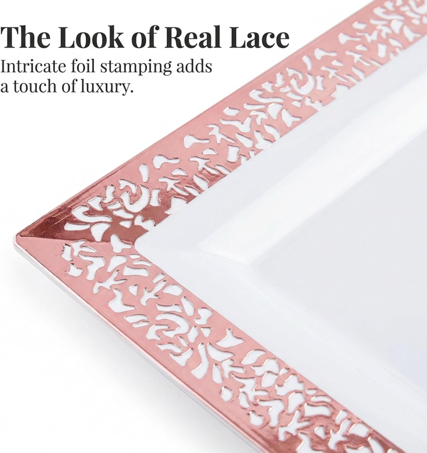 Yumchikel-Plastic Serving Tray & Platter Set (4pk) White & Rose Gold Lace Disposable Party Trays & Platters for Food - Weddings, Dessert Table, Cupcake Display -14"x7.5" inches