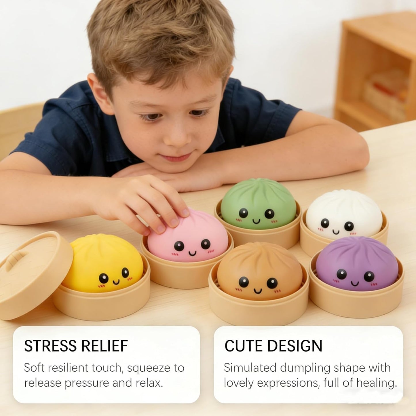 Pink Dumpling Squishies with Box,Squishies Dumplings Stress Relief Balls Fidget Sensory Toy,Bao Bun with Food Steamer Stretchy Desk Squeeze Toys