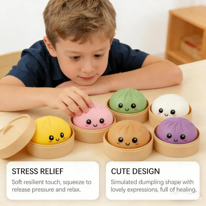 Pink Dumpling Squishies with Box,Squishies Dumplings Stress Relief Balls Fidget Sensory Toy,Bao Bun with Food Steamer Stretchy Desk Squeeze Toys