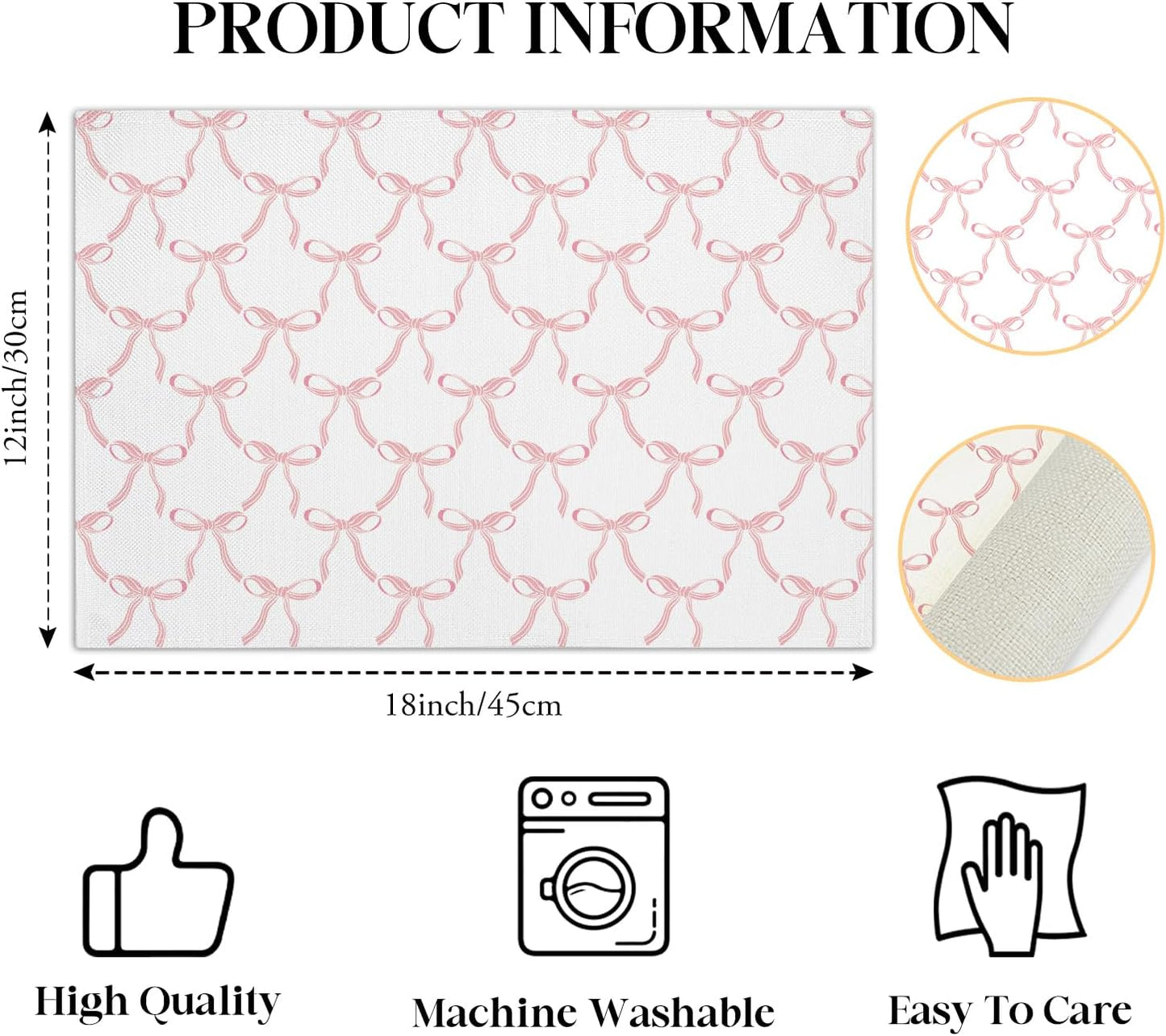 Pink Bow Placemats Set of 4, 12x18 Inch Waterproof Washable Heat Resistant Place Mats, Table Placemats for Dining Restaurant Farmhouse Decoration, Indoor Outdoor Table Decor -rc12