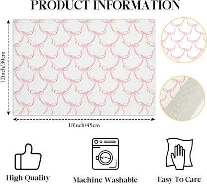 Pink Bow Placemats Set of 4, 12x18 Inch Waterproof Washable Heat Resistant Place Mats, Table Placemats for Dining Restaurant Farmhouse Decoration, Indoor Outdoor Table Decor -rc12