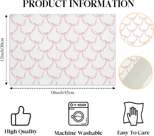 Pink Bow Placemats Set of 4, 12x18 Inch Waterproof Washable Heat Resistant Place Mats, Table Placemats for Dining Restaurant Farmhouse Decoration, Indoor Outdoor Table Decor -rc12