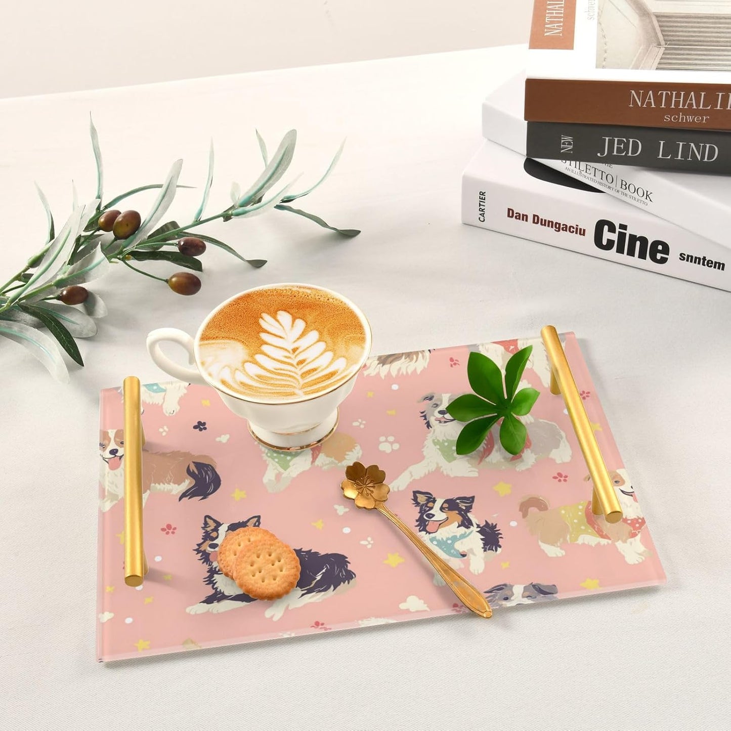 Pastel Peach Dogs Decorative Meal Trays with Handles Large Decorative Tray for Jewelry Perfume for Kitchens & Serving Guests