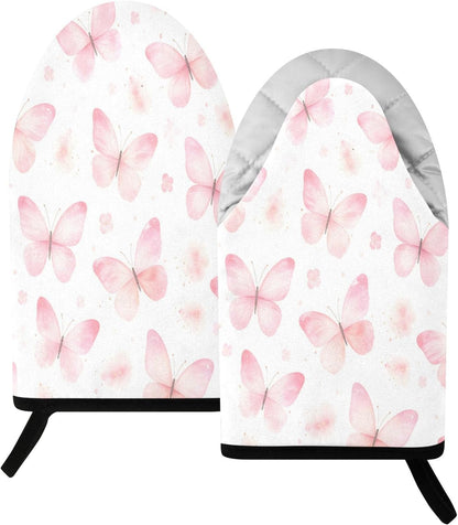 Watercolor Butterflies Pink Non-Slip Oven Mitts Set Heat Resistant Kitchen Gloves with Quilted Liner Cotton Machine Washable with Hanging Loop for Baking Grilling BBQ