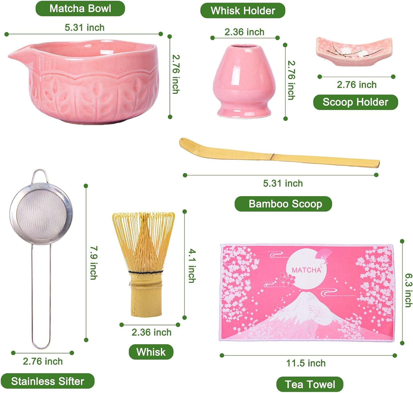 Matcha Whisk Bowl Set, 7PCS Japanese Matcha Kit with Spout Bowl (Pink) Bamboo Whisk Stand Scoop Sifter Accessories for Tea Ceremony Latte, Gifts for Family,Friends