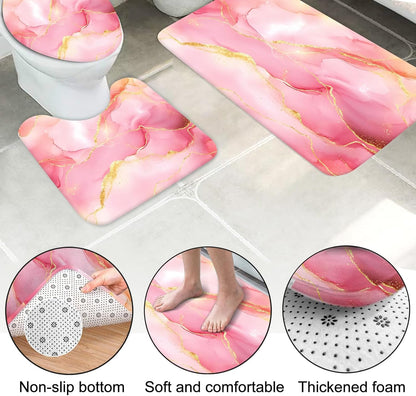 Lnond 4Pcs Bathroom Sets with Shower Curtain and Rugs, Pink Gold Marble Modern Art Shower Curtain Sets with Rugs and Accessories