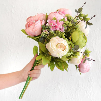FiveSeasonStuff Artificial Peony Bouquet, Pink, Beige & Green Silk Flowers for Wedding Centerpieces, Bridal Bouquets & Home Decor – Spring Waltz