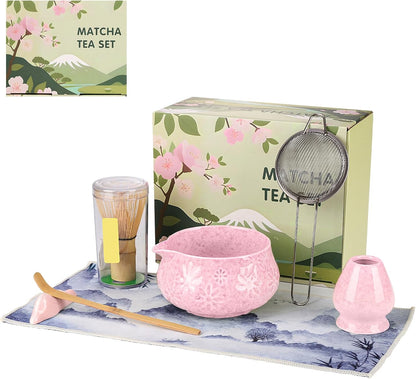 Pink Ceramic Matcha Set with Bowl, Whisk & Sifter Tool - Complete Starter Kit for Tea Lovers, Gifts for Women (Pink)