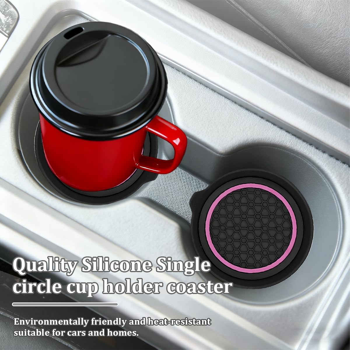 4PCS Car Cup Holder Coasters, Silicone Anti-Slip Vehicle Cup Recessed Mats, Sift-Proof Automotive Interior Insulation Drink Cup Pad Accessories, Universal Fit (Pink/Black)