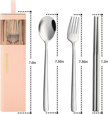 DEVICO Travel Utensils with Case, 18/8 Stainless Steel Reusable Silverware Set for Lunch Box, Portable Cutlery Set, Fork and Spoon Set for Camping, Lunch, Picnic, Workplace, School (Pink)