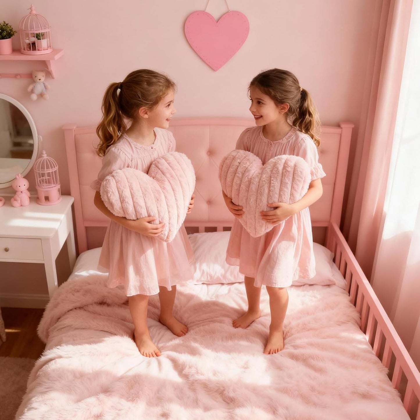 2PCS Pink Heart Throw Pillows, 16 Inch Soft Fuzzy Faux Fur Heart-Shaped Pillows, Cute Decorative Cushions for Couch, Chair, Bed & Bedroom Decor (Pink, 16 * 14)