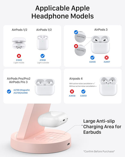 Anlmz 3 in 1 Charging Station for iPhone, Wireless Charger for iPhone 17 16e 16 15 14 13 12 11 X Pro Max & Apple Watch - Charging Stand Dock for AirPods (Pink)