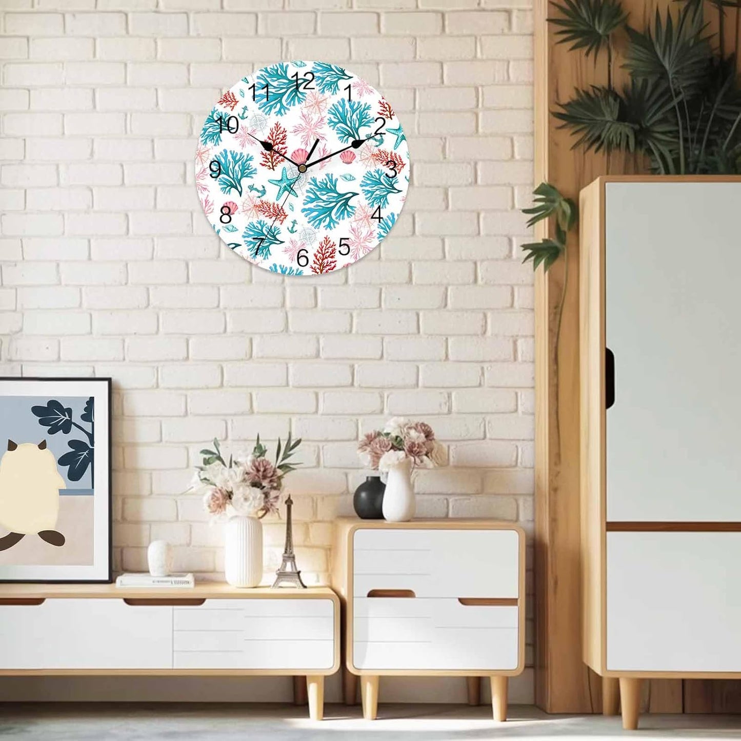 Wall Clock Ocean Coral Shell Clocks PVC Silent Non-Ticking Battery Operated Decorative Turquoise Pink Starfish Anchor Round Clock for Home Living Room Kitchen Bedroom Office School Wall Decor 10 Inch