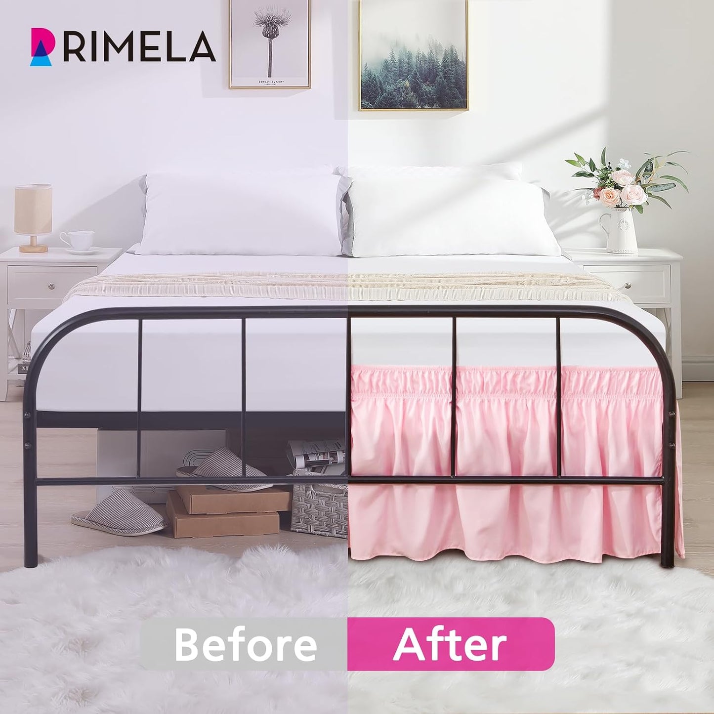 RIMELA Pink Bed Skirt Queen Size 15 Inch Drop Split Corners, Wrap Around Elastic Bedskirt, Dust Ruffle for Adjustable Bed Base Machine Washable Easy to Install Bed Skirts