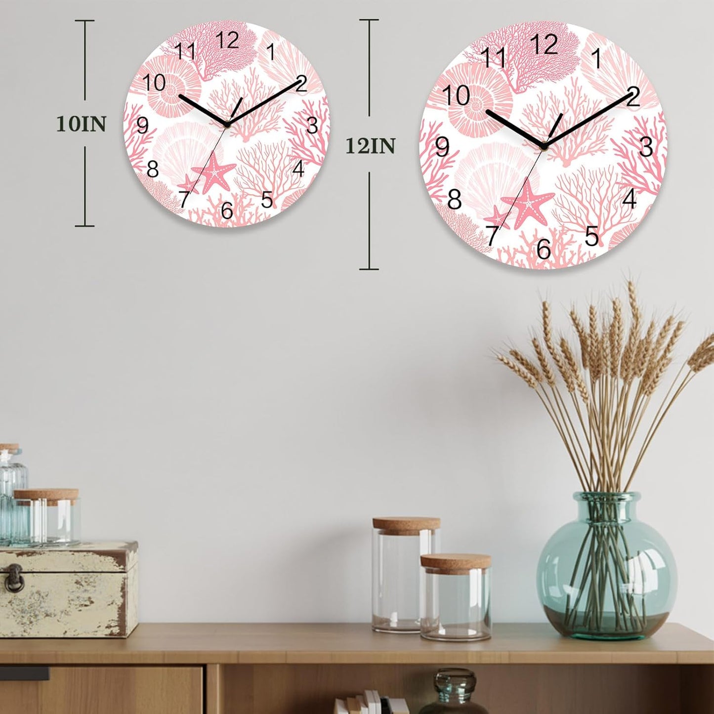 Abstract Wall Clock Battery Operated Non-Ticking 12" Round Wood Clocks, Coral Starfish Marine Pink Kitchen Wall Clock for School Bathroom Living Room Home Office Wall Decor