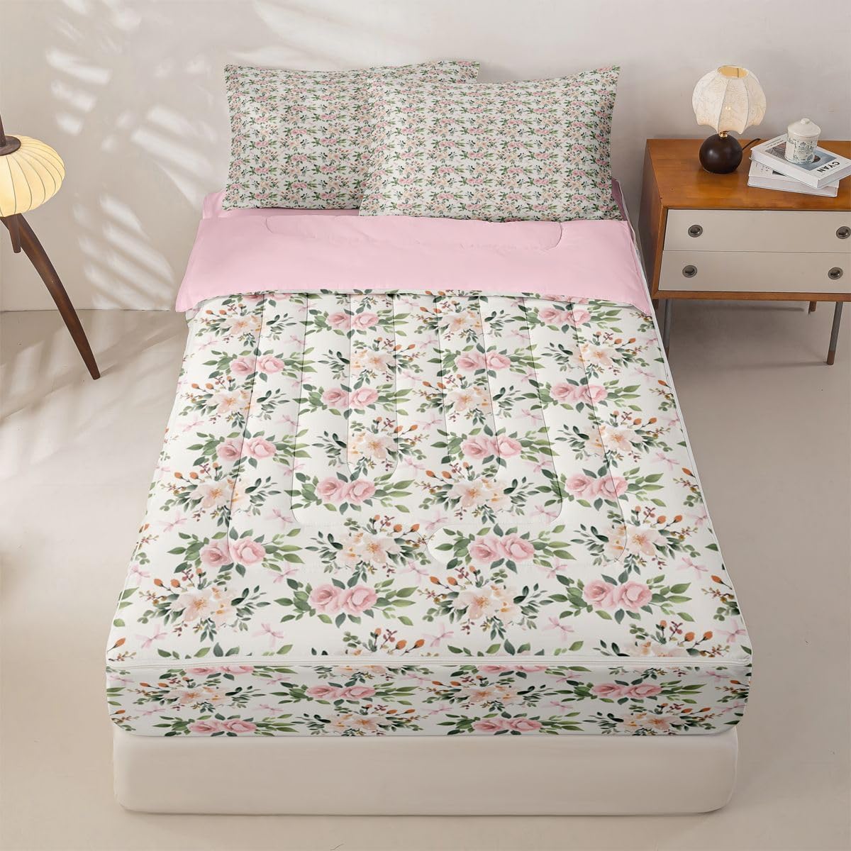 Erosebridal Flower Zipper Bedding Set Twin Rose Zip Up Comforter Set with Sheets Peach Blossom Kawaii Ribbon Bow Bed in a Bag Princess Girly Leaves Floral Theme Bed Sets with 2 Pillowcases