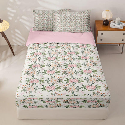 Erosebridal Flower Zipper Bedding Set Twin Rose Zip Up Comforter Set with Sheets Peach Blossom Kawaii Ribbon Bow Bed in a Bag Princess Girly Leaves Floral Theme Bed Sets with 2 Pillowcases