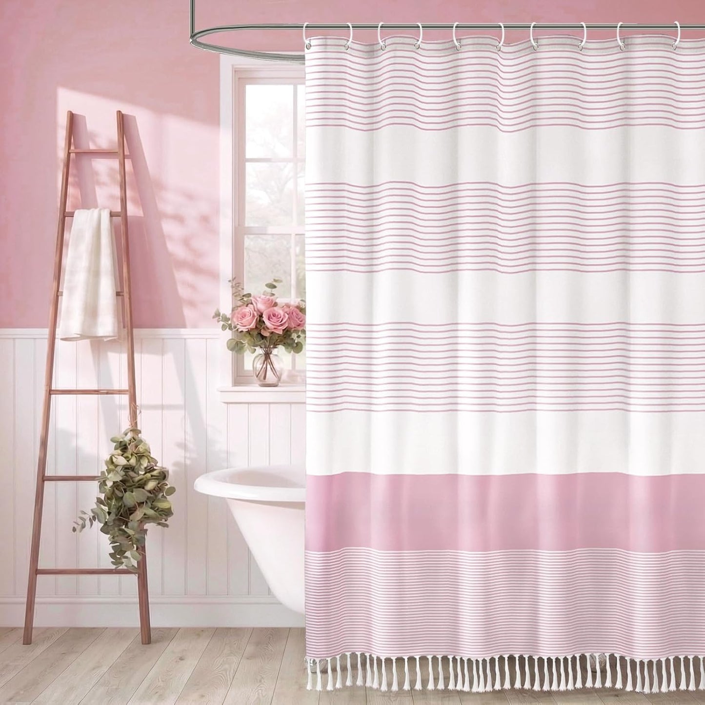 Pink Shower Curtain Cotton Boho Striped Shower Curtains for Bathroom with Tassel 72 X 72