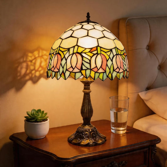 12" Tiffany Lamp,Pink Stained Glass Lamp for Bedside Living Room Office Dormitory Dining Room Decorate Vintage Tiffany Style Lamp 2X12X18 Include Light Bulb