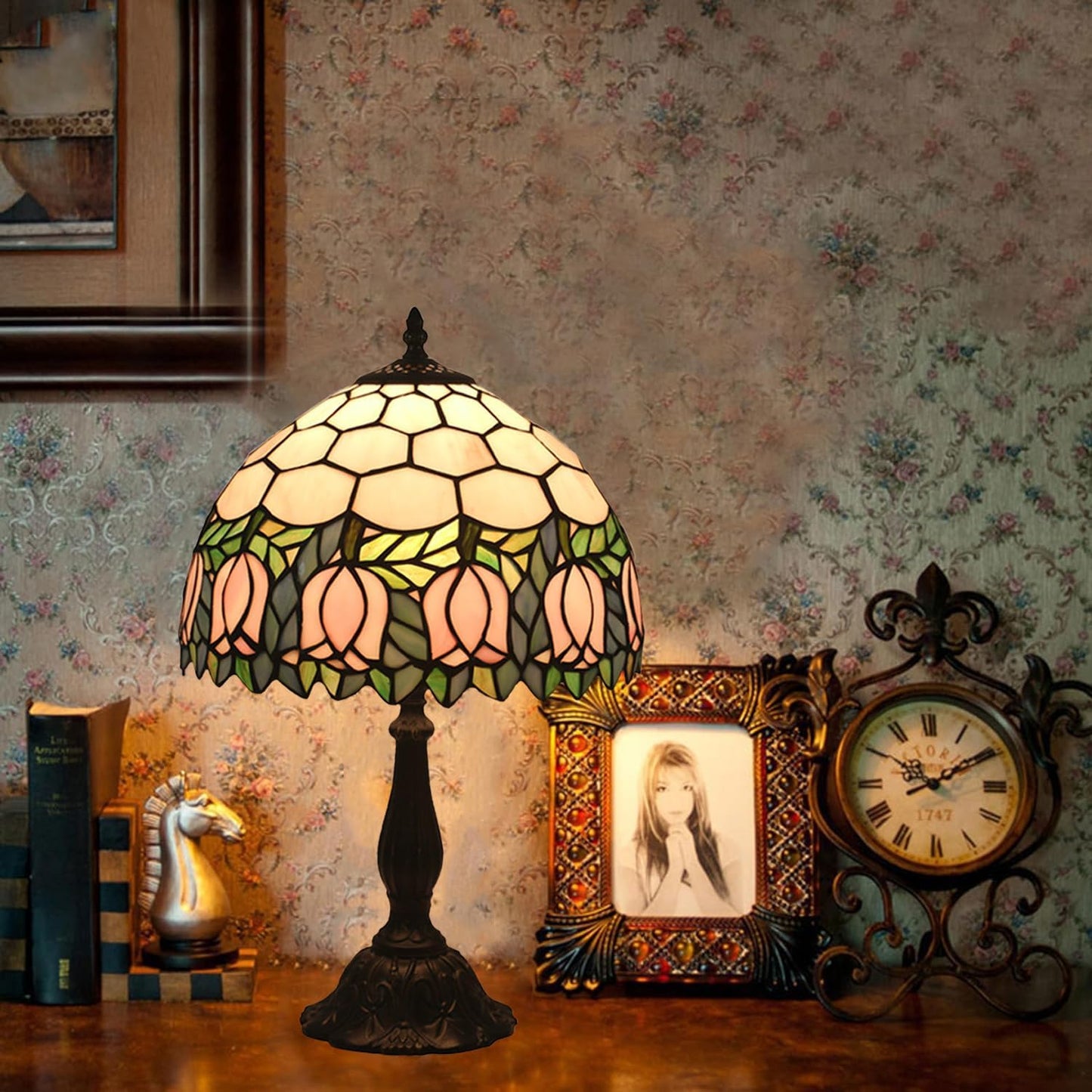 Tiffany Table Lamp,Pink Tulip Stained Glass Table Lamps for Bedroom Bedside 3 Color Temperatures Nightstand Lamp, for Living Room,Dining Room,W/LED Bulb, Mothers Gifts,12X12X19Inch