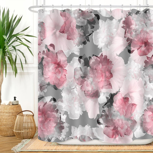 Pink Grey Flower Shower Curtain Watercolor Peony Floral Blooming Greyish Background Rustic Nature Abstract Art Décor Waterproof Fabric 72Lx60W Inch with Plastic Hooks