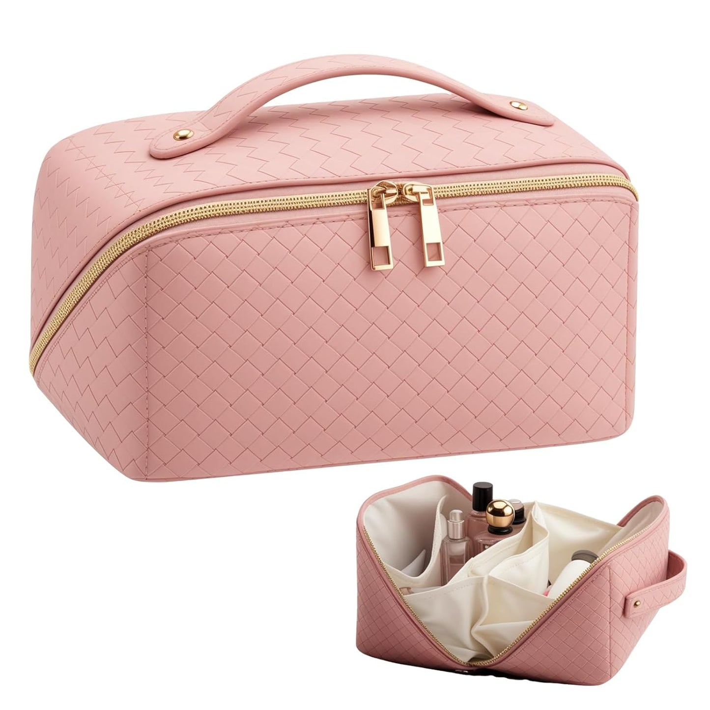 Large Capacity Travel Makeup Bag for Women, Waterproof Portable Cosmetic Bag with Compartments, Foldable Flat Lay Design for Easy Access, Perfect for Toiletries & Beauty Essentials (Pink)