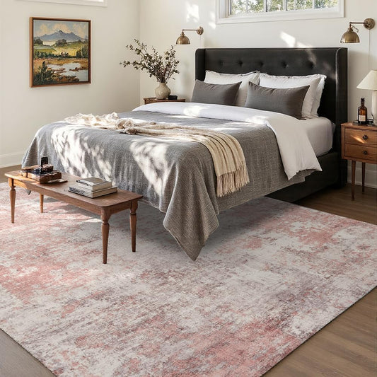 Area Rugs 5x7 Pink/Gray Washable Rug for Living Room, Dining Room, Bedroom, Large Carpets, Non Slip & Non-Shedding Low Pile Vintage Print Rug for Home Office Decor