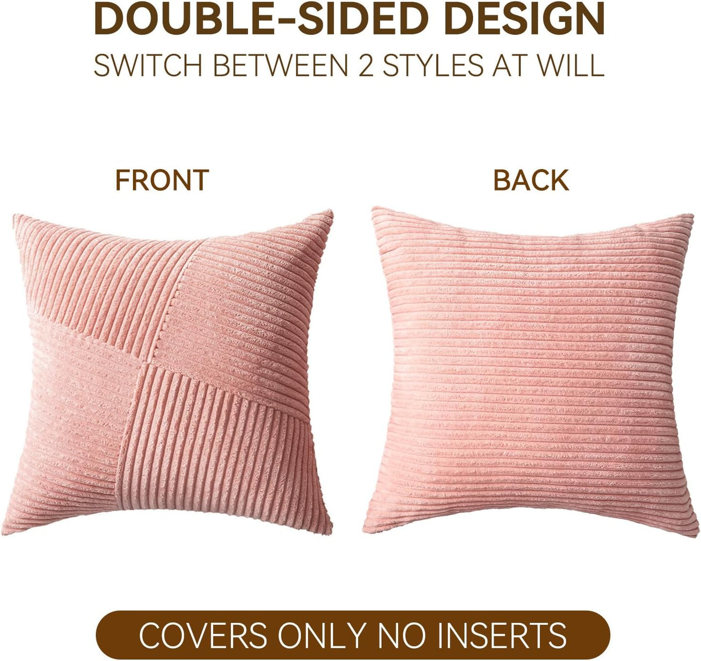 Decorative Throw Pillow Covers20x20 Inch Set of 2 for Boho Living Room Farmhouse Home Decor, Spring Pillow Covers for Couch Bed, Soft Corduroy Striped Patchwork Cushion Cases, Blush Pink