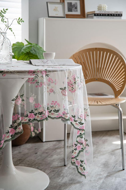 Pink Floral Embroidery Lace Tablecloth - Vintage Lace Table Cover Overlay for Kitchen Parties Wedding Holiday Banquet Dining Room Coffee Table Decoration (Rectangle/Oblong, 51 x 63 Inch)