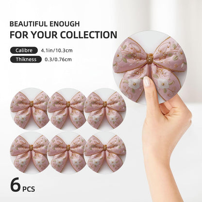 Light Pastel Pink Bow Balloon Embroidered Floral Ceramic Coasters with Holder Set of 6 Coffee Cup Drink Coasters