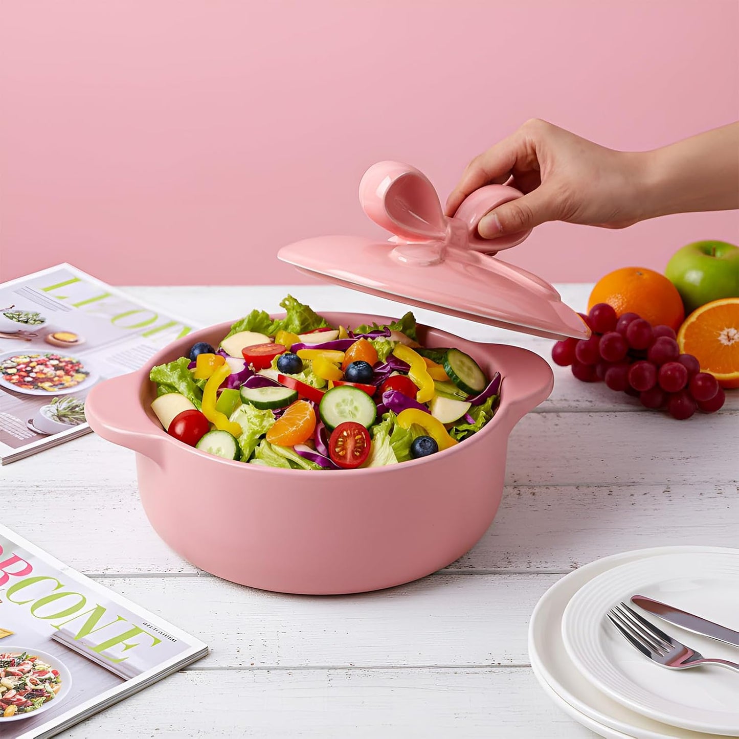 LemonRoad Pink Ceramic Casserole Dish with Lid 2.64 Qt Dutch Oven Pot with Bow Lid Dual Handles Stovetop Safe Braiser, Soup Pot for Baking, Roasting, Serving, Stew Rice Stylish Cookware