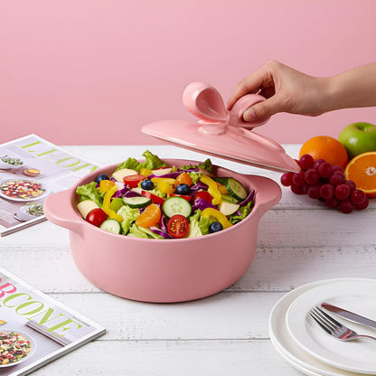 LemonRoad Pink Ceramic Casserole Dish with Lid 2.64 Qt Dutch Oven Pot with Bow Lid Dual Handles Stovetop Safe Braiser, Soup Pot for Baking, Roasting, Serving, Stew Rice Stylish Cookware