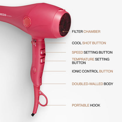 Cocco Nano Pro Hair Dryer, Ultra Lightweight, Ionic Intel System, Ceramic Spheres Technology, Professional Performance, Pink