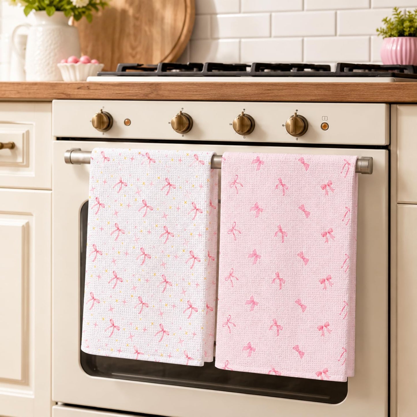 wuguimeii Coquette Pink Bow Decor Towels on Bathroom Kitchen - Pink Hand Towel Bathroom Accessories - Preppy Girly Decorations Dish Tea Towels 16x24 inches