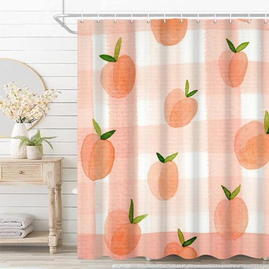 Pink Peach Shower Curtain for Girly Bathroom Dreamy Sweet Check Fruits Shower Curtain with Hooks Polyester Waterproof Fabric Home Bathtub Shower Curtain Decorative, 65x72 Inch