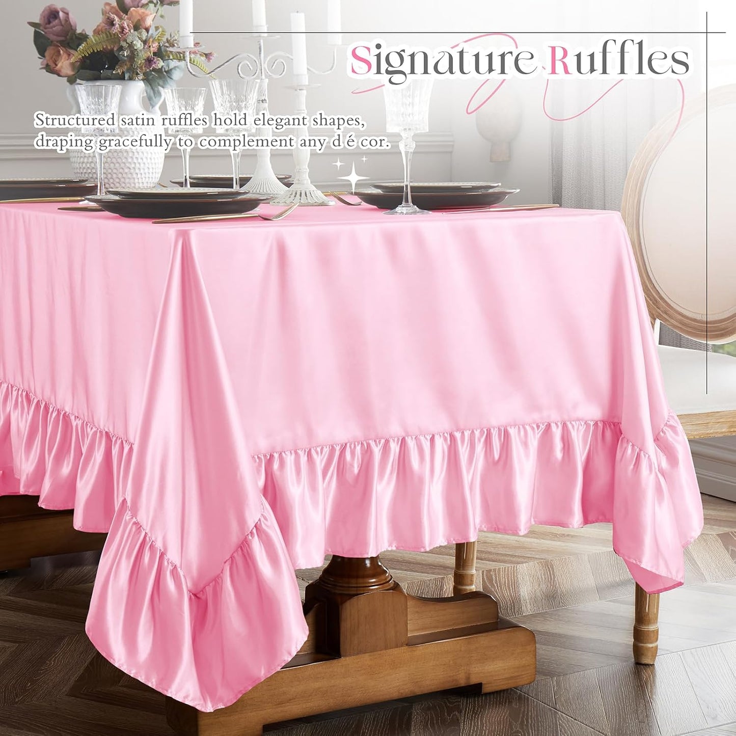 Vonty Ruffle Tablecloth Pink Satin Tablecloth - 60" x 102", Silky Table Cloth Rectangle Scalloped Table Cloth Farmhouse Tables Cover Silk Tablecloths Vintage Tables Skirt for Kitchen Dining