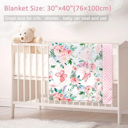 Baby Blankets for Girls, Soft Pink Minky Toddler Blanket 30x40 Inches, Double Layer, Dotted Backing, Floral Baby Crib Blanket for Nursery, Baby Car Seat, Pet, Pink Flower & Butterfly