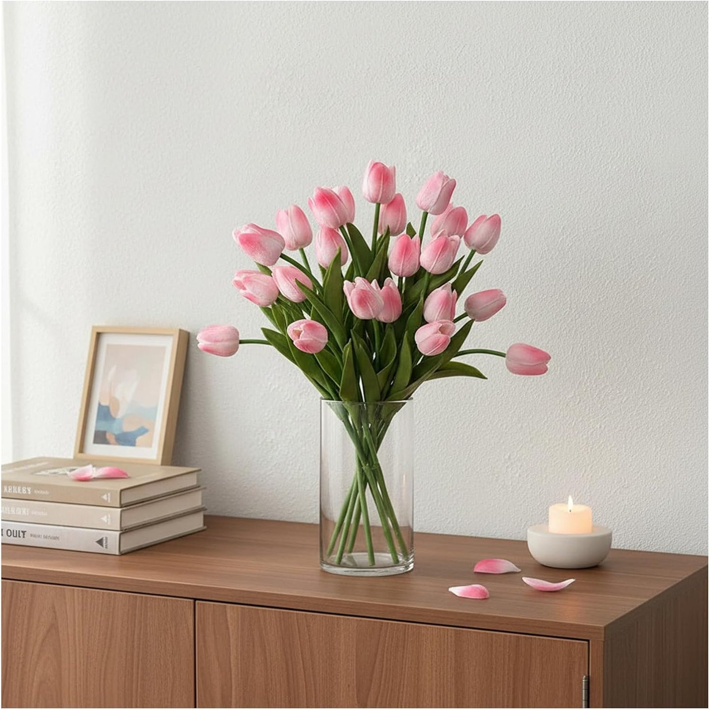 18pcs Artificial Tulips 13" PU Artificial Flowers for Family Friends Gifts DIY Flower Arrangement Home Kitchen Office Party Wedding Dining Table Decoration, Light Pink