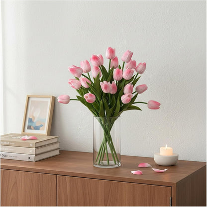 18pcs Artificial Tulips 13" PU Artificial Flowers for Family Friends Gifts DIY Flower Arrangement Home Kitchen Office Party Wedding Dining Table Decoration, Light Pink
