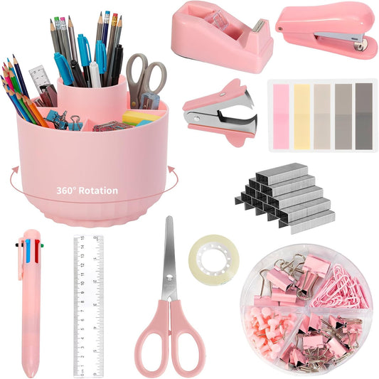Pink Desk Accessories, 11Pcs Desk Organizer with 360°Rotating Pen Holder, Stapler, Staples, Staple Remover, Pen, Ruler, Tape Dispenser, Tape, Clips, Scissor, Notes, Office Supplies