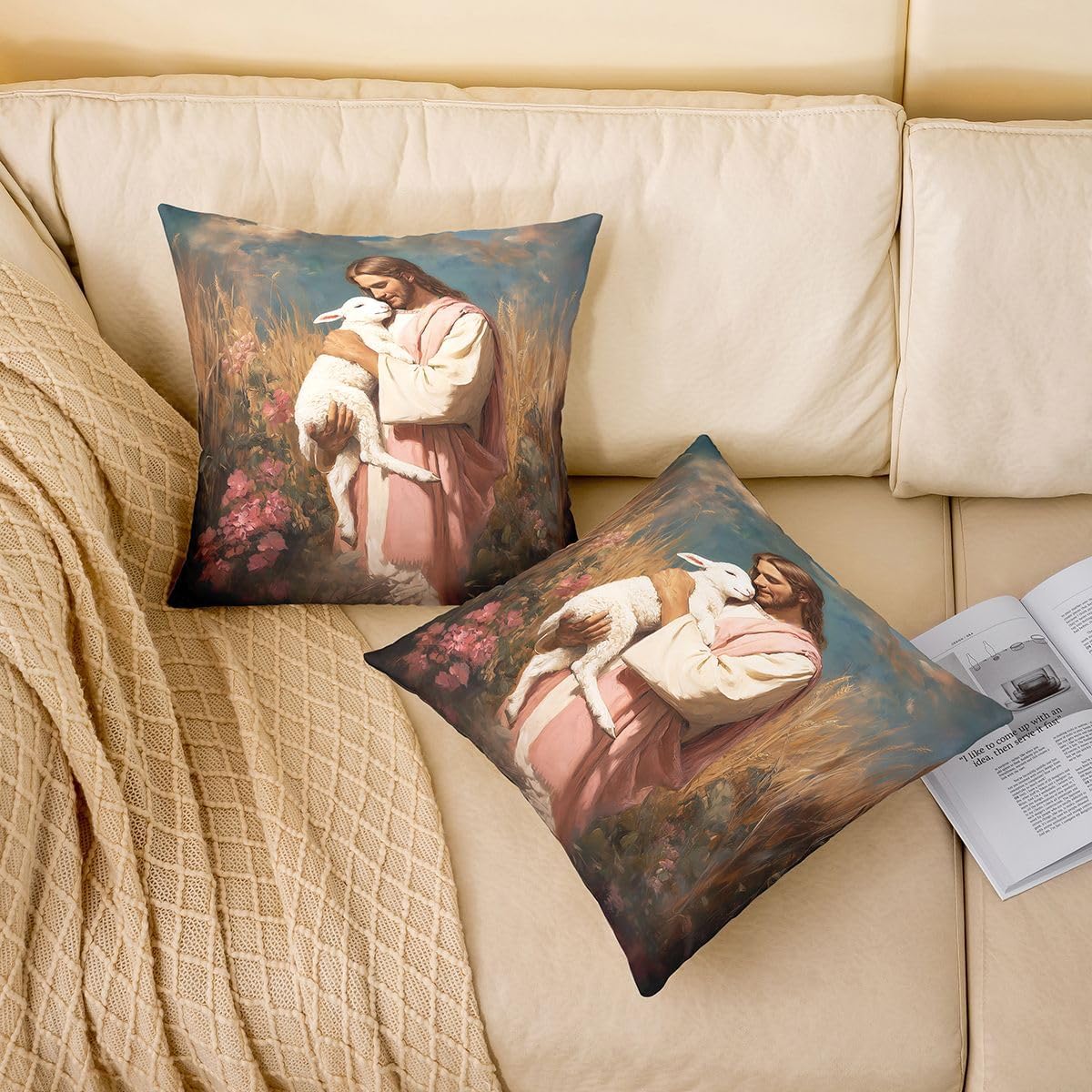 Manfei Man Holding Lamb Kids Throw Pillow Cover,Pink Yellow Spiritual Faith Double Sides Pillow Case,Inspirational Verse Home Decor,Flowers The Lost Lamb Couch Sofa Cushion Cover,1 Pack 22"x22"