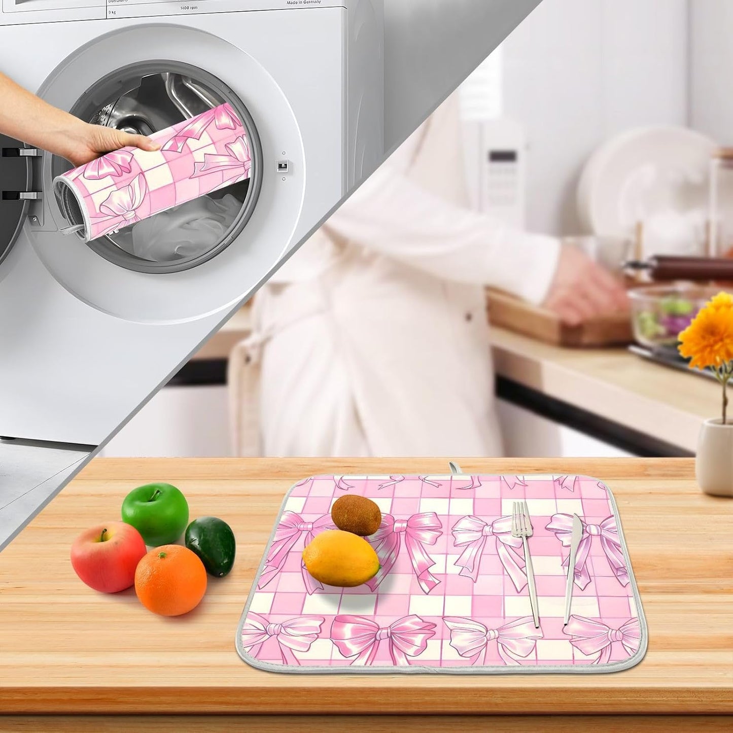 Pink Bow Dish Drying Mat, Absorbent Microfiber Kitchen Counter Mat, Dish Drying Pad for Dishes, 16"x18"