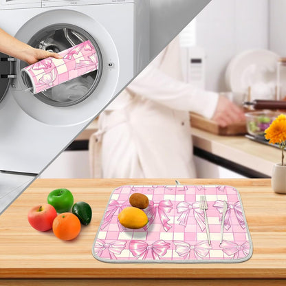 Pink Bow Dish Drying Mat, Absorbent Microfiber Kitchen Counter Mat, Dish Drying Pad for Dishes, 16"x18"