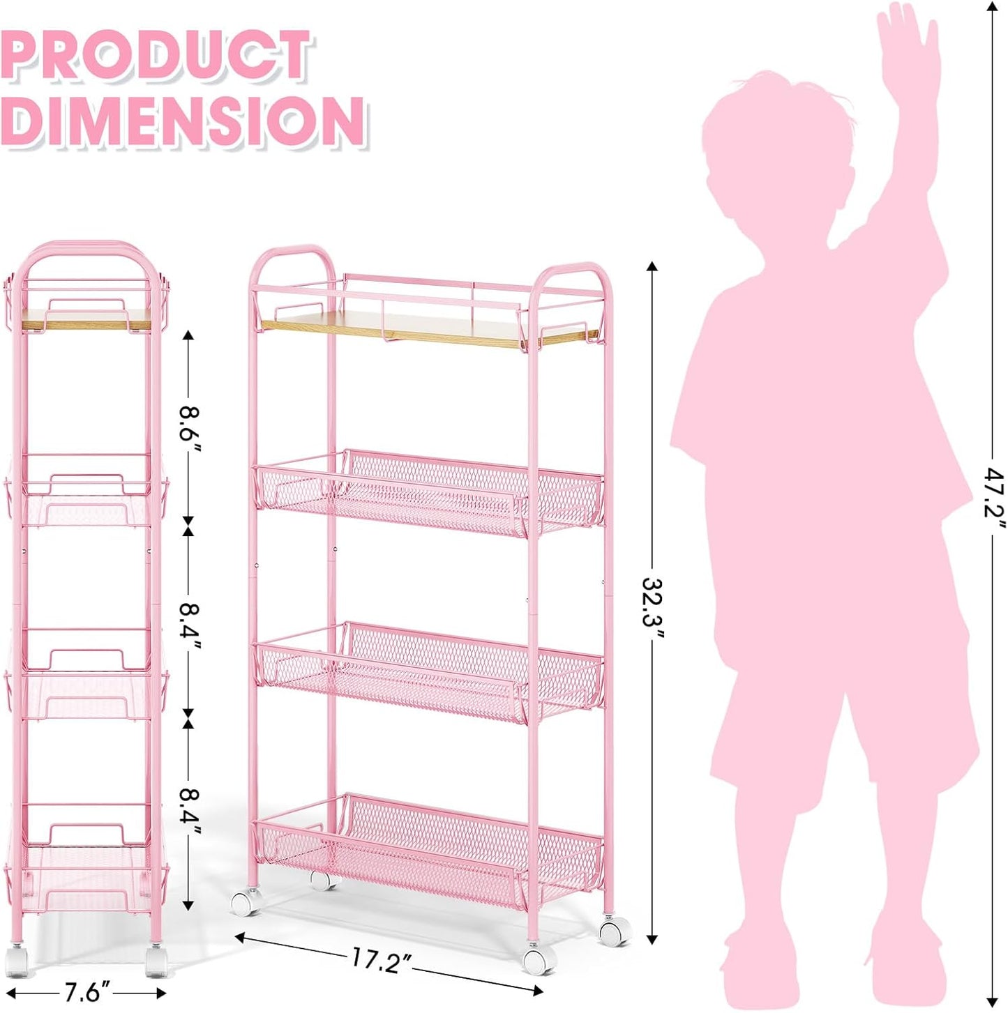 TOOLF 4-Tier Slim Rolling Cart, Metal Storage Cart with Wooden Tabletop and Mesh Baskets for Narrow Space on Kitchen Bathroom Laundry Room Bedroom Apartments Dormitory